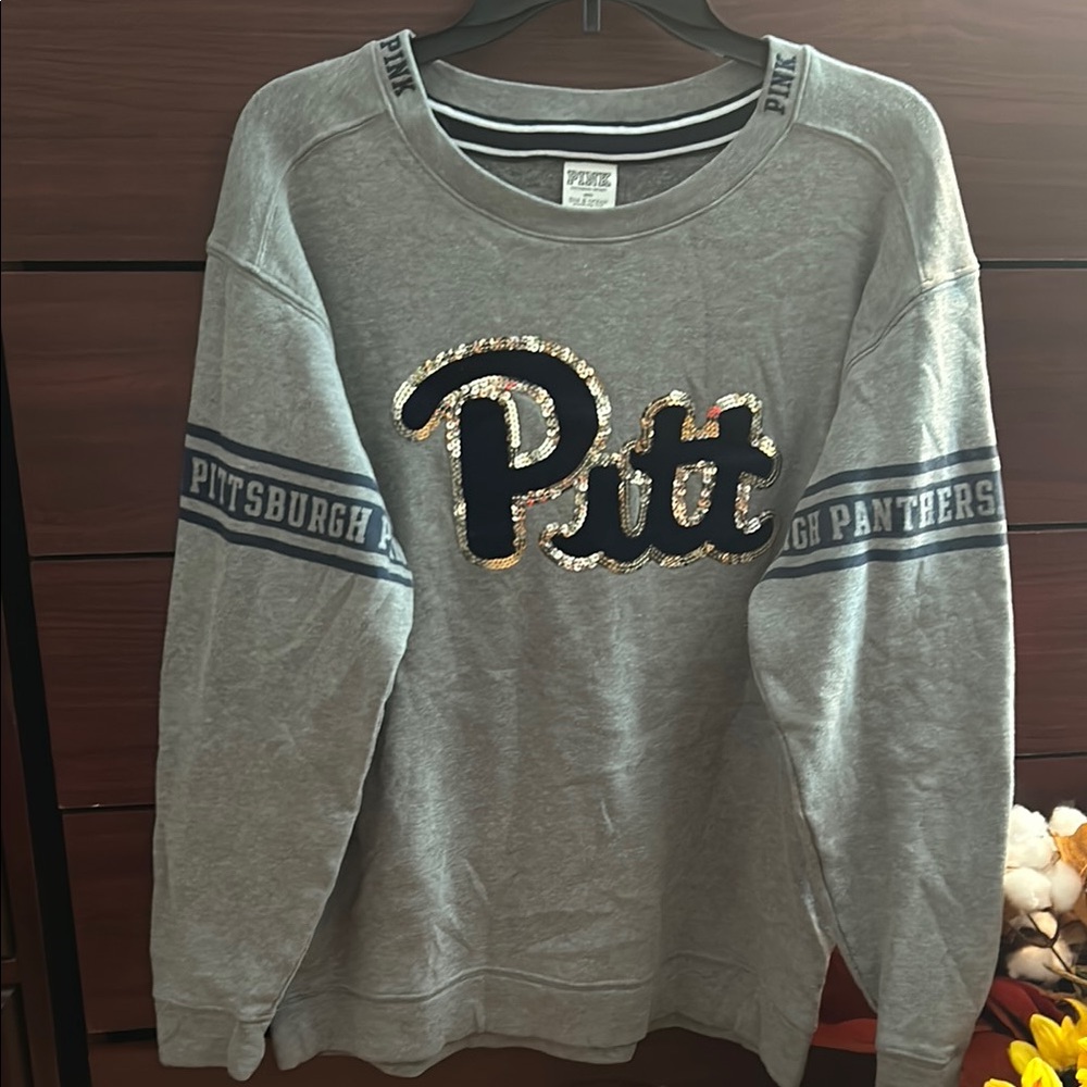 Pink Pitt Gray Sweatshirt with Gold Bling Logo